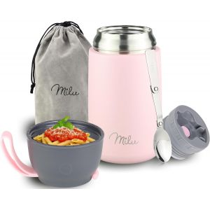 Boîtes Alimentaires Isothermes 450ml I 650ml I 800ml, Boîte Isotherme Repas Chaud Porte-Aliments En Acier Inoxydable À Double Couche, Cuillère Pliante Pour Ecole, Bureau (650ml/Gris) - Neuf