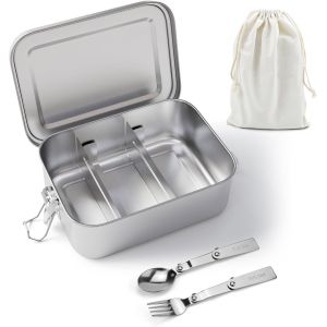 Boîte À Lunch En Acier Inoxydable,2400ml Boîte À Bento Avec 2 Cloison Amovible,Boîte À Déjeuner En Acier Inoxydable Boîte À Sandwich,Bento Lunch Box Avec Fourchette,Cuillère Et Sac En Coton - Neuf