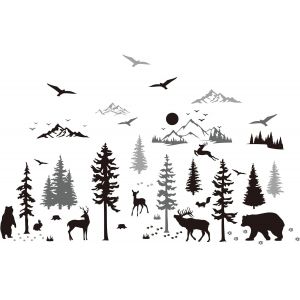 Noir Et Blanc Forêt Cerf Stickers Muraux Montagne Soleil Thème Sticker Mural Avec Oiseau Ours Écureuil Stikers Murals Vinyle Autocollants Décoratifs Pour Chambre D'Enfant Salon 29Cmx90Cm - Neuf