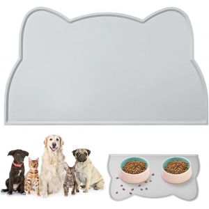 Tapis Gamelle Chien Et Chat,44 * 24cm Forme De Tête De Chat Mignon Tapis Antiderapant Dessous Gamelles Pour Animaux,Tapis D Alimentation Imperméable Silicone,Pour Chats Et Chiens(Gris) - Neuf