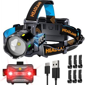 160000lux 11 Modes Lampe Frontale Rouge Avertissement Et Capteur, 10500 Mah 125° Réglable Et Zoomable Frontale, Lampe Frontale Puissante Ip44 Étanche Pour Course À Pied Pêche Camping Randonnée - Neuf