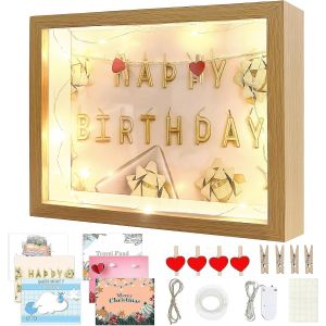 Cadre Photo 3D 27 x 22cm, Cadre Profond 3D, 3cm de Profondeur, avec Lumineuse LED 1m et 6 Images Th&eacute;matiques, pour Fleurs Photos Billets Postales (Couleur Bois) - Neuf