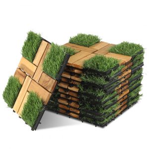Lot de 55 Dalles de terrasse en bois avec gazon synth&eacute;tique 5 m&sup2; 30 x 30 cm, Dalles de Jardin clipsables - Neuf