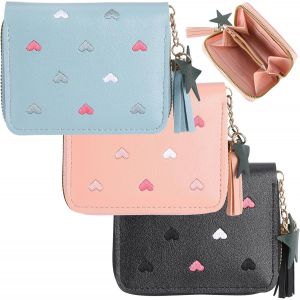 CAUC-Lot de 3 porte-monnaie pour fille - En cuir synthétique - Avec pompon et fermeture éclair - Pour adolescentes et femmes (bleu, rose, noir) - Neuf