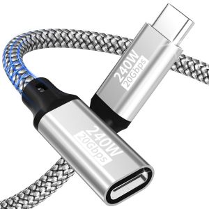 JGD-C&acirc;ble d'extension 0,5m,240W/20 Gbit/s/5K@60 Hz prolongateur USB-C 3.2,c&acirc;ble d'extension vid&eacute;o Type-C 4K@144 Hz compatible avec iPhone 17/16/15/MacBook Pro/iPad Pro/XPS/Galaxy S24/ordinateur porta - Neuf