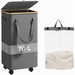 MEVRONISSHOP-Panier &agrave; Linge avec Roulettes et Couvercle 70L, Grande Corbeille &agrave; Linge Pliable avec Sac Int&eacute;rieur Amovible et Poign&eacute;es, Id&eacute;al pour Salle de Bain, Chambre et Buanderie - Neuf