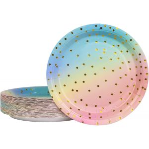 Checarzhn--No1-Lot De 50 Assiette Jetable Arc En Ciel 17,8 Cm, Kit Vaisselle Jetable Anniversaire Assiette Carton Pour Barbecue Anniversaire Ou Fête Baby Shower Mariages (Arc En Ciel Or) - Neuf