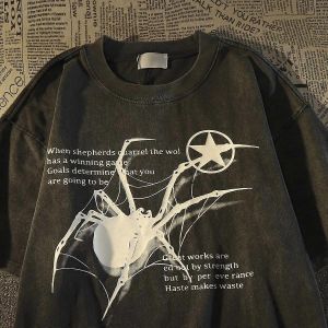 Y2k Coréen Hommes Streetwear Spider Graphique Acubi Harajuku Egirl T-Shirts À Manches Courtes Grunge Esthétique Oversize Tops Alt Clothing - Neuf