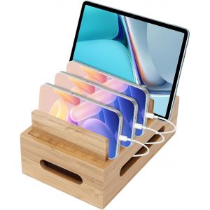 JGD-Station de Charge en Bois pour Plusieurs Appareils 6 Ports, Support Universel Station de Chargement d'accueil Organisateur Multi-Chargeur USB Compatible avec T&eacute;l&eacute;phone, Tablette, Montre, &eacute;couteur - Neuf