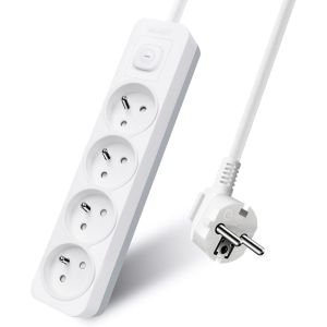 CHENG-Extrastar Multiprise 4 Prises avec Interrupteur, 2P+T, Bloc 4 Prises,3G1,5 mm&sup2; 3m Rallonge, S&eacute;curit&eacute; Enfant, Gris et Blanc, 16A 250 V - Neuf