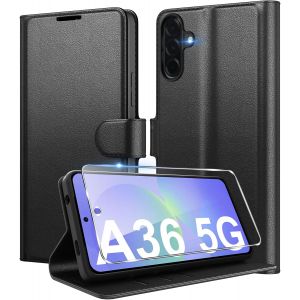 JGD-Coque pour Samsung Galaxy A36 5G en Premium Cuir PU, Portefeuille Housse Etui pour Cartes Protection Anti-Choc Flip Case avec 1 Verre Tremp&eacute; Noir - Neuf