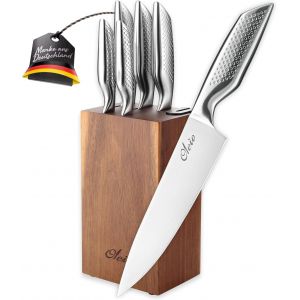 Mevronisshop-Oleio Maestro Bloc &Agrave; Couteaux 5 Pi&egrave;ces En Acier Inoxydable Avec Bloc En Bois D&iquest;Acacia Et Aiguiseur Int&eacute;gr&eacute; | Couteaux De Cuisine Professionnels Pour Viande, L&eacute;gumes Et Pain - Neuf