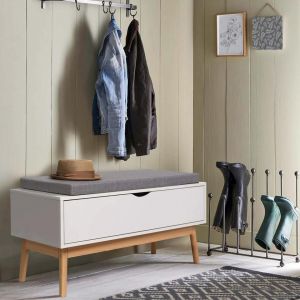 Banc Coffre D'entrée Chaussures Leo Bois Blanc - Neuf