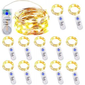 JGD-Lot de 12 guirlandes lumineuses avec minuteur, batterie en cuivre, 2 m, 20 LED, guirlande lumineuse de No&euml;l, &eacute;tanche, pour l'int&eacute;rieur, l'ext&eacute;rieur, d&eacute;coration DIY, blanc chaud - Neuf