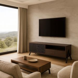 Meuble TV HWC-O40, meuble TV bas 2 tiroirs portes compartiments de rangement, MDF m&eacute;tal m&eacute;lamine 48x155x40cmaspect noyer - Neuf