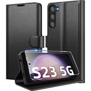 AEFJ-Coque pour Samsung Galaxy S23 5G en Premium Cuir PU, Portefeuille Housse Etui pour Cartes Protection Anti-Choc Flip Case avec 1 Verre Trempé Noir - Neuf