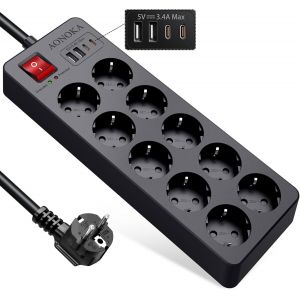 10 Prises Multiprise Parafoudre Jusqu'&agrave; 1700 Joules, Multiprise Electrique USB C,4 USB Chargeur Rallonge Multiprise &eacute;lectriques avec Interrupteur Protection Enfant Murale Multiprise Plate 1,5m,Blanc - Neuf