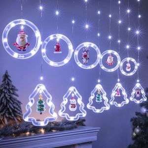 JGD-Rideau Lumineux No&euml;l Sapin Anneaux avec Figurine, 3m Guirlande Rideau Lumineux Fen&ecirc;tre Int&eacute;rieur USB Blanc Froid, D&eacute;coration No&euml;l Fen&ecirc;tre Lumineux 3D Lumi&egrave;res Chambre Maison F&ecirc;te - Neuf
