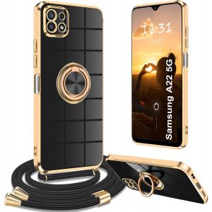 Kal-Coque Pour Samsung Galaxy A22 5g, Coque Samsung A22 5g Avec Cordon Collier Silicone Housse 360° Voiture De Bague Magnétique Étui Antichoc Réglable Case Coque Pour Samsung A22 5g, Noir - Neuf