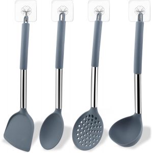 Kal-Lot De 4 Ustensiles De Cuisine En Silicone Pour Mélanger Et Servir (Cuillère À Soupe, Passoire, Pelle Chinoise, Cuillère Large) Avec 4 Crochets - Neuf