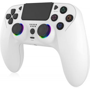 Manette Sans Fil Pour Ps4, Manette De Jeu Compatible Avec Ps4/Slim/Pro/Pc, Joystick Gamepad Avec Led Rgb/Double Vibration/6 Axes Gyro Sensor/950 Mah Batterie/Touchpanel/Ext, Contrôle Précis, Blanc - Neuf