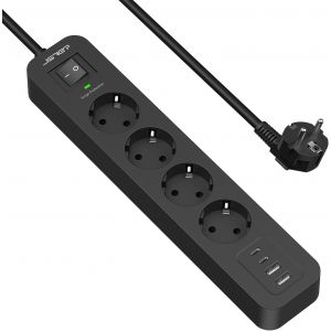 JGD-Multiprise Parasurtenseurs USB 4 Prises avec 2 Ports USB A+2 Ports USB C Chargeur (5V3,4A) Multiprises parafoudre et surtension avec Cable 2m pour Smartphone, Maison, Bureau-Noir - Neuf
