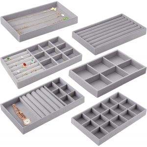Plateau Bijoux, Organisateur Bijoux, Velours Rangement Bijoux, Rangement Bague Empilable, Plateau Decoratif Pour Rangement Collier/Bracelet/Boucles D'oreilles (Gris) 6 Pcs - Neuf