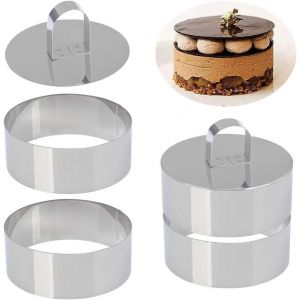 Jexnovashop-4 Pi&egrave;ces Anneau De G&acirc;teau 10,5 * 4 Cm En Acier Inoxydable 430 - Cercle &Agrave; P&acirc;tisserie Avec 2 Poussoirs Inox - Certification Fda, Pour Mousse & Tiramisu - Neuf