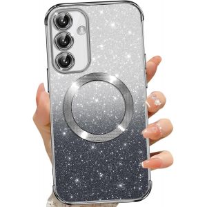 SJZG-Coque Magn&eacute;tique Pour Samsung Galaxy S24 Plus 5G, Etui &Agrave; Paillettes Compatible Avec Magsafe, Antichoc Charge Sans Fil Housse Pour Samsung S24 Plus, Avec 2 Verre Tremp&eacute;, Noir - Neuf