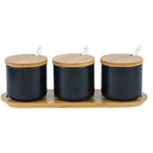 Sjzg-Lot De 3 C&eacute;ramique Sucrier Rond Seasoning Containers Pot &Agrave; &Eacute;pices Sel Spice Jar Condiments Bo&icirc;te Avec Cuill&egrave;re Et Plateau En Bambou - Neuf