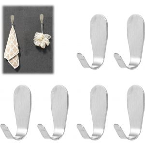 MEVRONISSHOP-6 Pcs Patere Murale, Crochet Adh&eacute;sif Mural En Acier Inoxydable Charge portante 2 kg Porte Manteau, Crochets Muraux Inox Bross&eacute; Lourd M&eacute;tal Petit J Crochet Simple Adh&eacute;sif Puissant Sans Pe - Neuf
