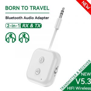 2 En 1 Bluetooth 5.3 R&eacute;cepteur Audio &Eacute;metteur Multipoint Double Flux Adaptateur Sans Fil Avec Micro 3,5mm Aux Hifi St&eacute;r&eacute;o Musique Pour Voiture Avion Tv Pc Casque Haut-Parleur.White. - Neuf