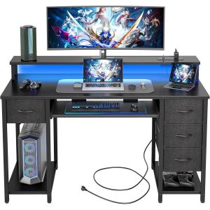SUBZONAL-Bureau Informatique Multiprise Int&eacute;gr&eacute;e LED - 120x50cm Table Gaming avec Plateau pour Clavier, 4 Tiroirs R&eacute;versibles, Rangement &Eacute;tag&egrave;re pour Etudier Jouer Travailler Chambre Domicile Salon - Neuf