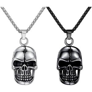 Trahoo-Lot De 2 Colliers Rétro Avec Pendentif Tête De Mort - Style Gothique Rock Punk Hip Hop - Collier Rappeur Biker - Collier Cool Pour Homme - Argent Et Noir - Neuf