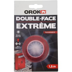 Ruban Adh&eacute;sif Double Face Ext&eacute;rieur Extra Fort 1,5m x 19mm - Sp&eacute;cial Surfaces Transparentes - R&eacute;siste Aux U.V - Bricolage - Neuf
