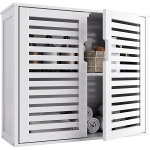 Ulteronixshop-Meuble Mural Salle De Bain Blanc, Armoire De Toilettes Suspendue, Armoire &Agrave; Pharmacie En Bambou Avec &Eacute;tag&egrave;res R&eacute;glables, 2 Portes - Neuf