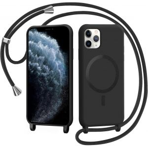 Maa-Coque Magnétique Pour Iphone 11 Pro Avec Cordon, Compatible Avec Magsafe Collier Étui Silicone Liquide Avec Tour De Cou Lanière En Corde Souple Tpu Antichoc Housse, Noir - Neuf