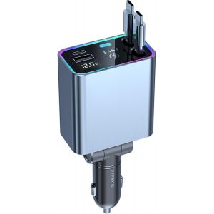 66W Chargeur de Voiture R&eacute;tractables USB C avec Double C&acirc;bles de Voltm&egrave;tre LED Compatible avec iPhone iPad Huawei pour 12V/24V Caravane Camping-Car Bateau - Neuf