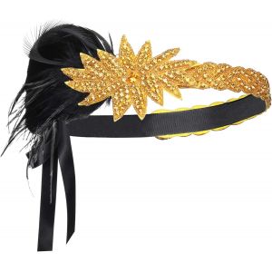 Kalanka-Bandeau À Plumes Style Années 20 Charleston Great Gatsby Pour Femme - Accessoire De Costume - Noir Et Doré - Neuf