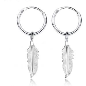 Kalhx-Boucles D'oreilles Créoles Avec Pendentif Plume 925 Argent Femme,Boucle D'oreille Plume,Creole Argent 925 Pour Hommes Et Femmes - Neuf
