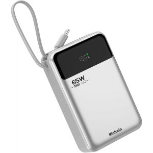 65W Batterie Externe 20000Mah, Power Bank Avec Cable Int&eacute;gr&eacute; Usb C, Led, 1 Port Usb-C & A, Chargeur Externe Powerbank Compatible Avec Macbook, Iphone 16/15, Galaxy S25, Ipad, Tablet, Argent - Neuf