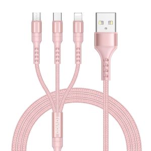KALANKA-C&acirc;ble Multi USB, 3 en 1 C&acirc;ble Universel 1.2M Multi USB C&acirc;ble de Chargement en Nylon avec Micro USB Type C Lightning C&acirc;ble pour iPhone, Samsung Galaxy, Huawei, Honor, Mi, OnePlus -Rose - Neuf