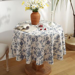 Chenquansarl-Nappe De Table Ronde En Coton Et Lin - Style Vintage - 140 Cm - Avec Motif Floral Bleu - R&eacute;sistante &Agrave; La Poussi&egrave;re - R&eacute;sistante Aux Plis - Pour L'int&eacute;rieur Et L'ext&eacute;rieur - Pour La Cuisi - Neuf