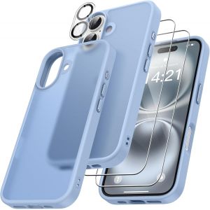 4 En 1 Coque Pour Iphone 16 Avec 2 Verre Tremp&eacute; Et 1 Cam&eacute;ra Protecteur, [Coussin D'Air Int&eacute;gr&eacute;] Antichoc Antirayures Bumper Protection Housse Pour Iphone 16 6.1"", Bleu Clair - Neuf