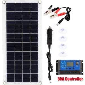 Kit de Panneau Solaire 100W 2 USB avec Contrôleur 30A Chargeur de Batterie Solaire pour Voiture Yacht Montres Bateau 12V-18V - Neuf
