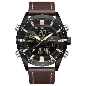 Montre A Quartz Electronique Naviforce Pour Homme, Etanche, Tendance, En Pu (Boitier Noir Kaki) - Neuf