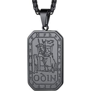 Kal-Collier Viking Odin Pendentif Noir Plaque Runique Dieu Odin Avec Chaîne Noire Réglable Acier Inoxydable Bijoux Nordique Amulette De Protection Porte Bonheur Cadeau Noel Pour Homme Femme - Neuf