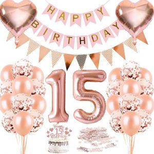 CAUC-Decoration Anniversaire 15 Ans, Or Rose Ballons Deco Anniversaire, D&eacute;corations Anniversaire, Happy Birthday Banner, D&eacute;coration de G&acirc;teaux, Rosegold Ballon 15 Ans Aniversaire de F&ecirc;te pour Fille F - Neuf