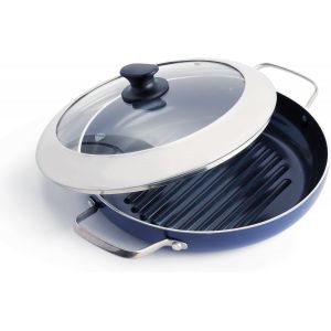Checarzhn--No1-Poêle À Griller Antiadhésive En Céramique Infusée Aux Diamants De 28 Cm Avec Couvercle En Verre, Sans Pfas, Grillade, Bbq, Va Au Four, Bleu - Neuf