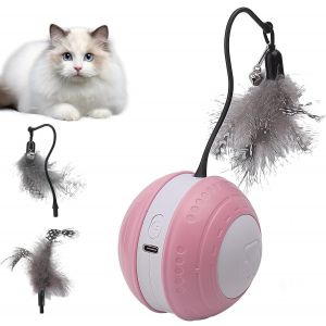 Cmws-Jouet Interactif Pour Chat ¿ Smart Balle Automatique Roulante Avec Sons D'oiseaux, Détection De Mouvement, Led Et Queue En Plumes Remplaçable, Usb Rechargeable Pour Chats D'intérieur(Rose) - Neuf